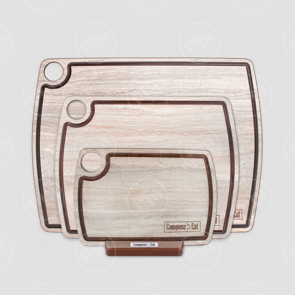 Набор из 3-х разделочных досок на подставке, в подарочной коробке, композитный материал, травертин капучино, серия Fashion, ComposeEat, Россия