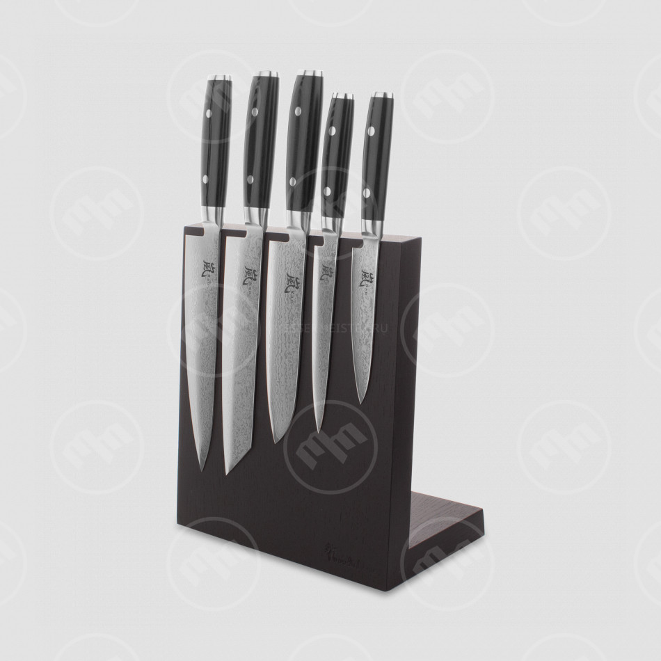 Набор из 5-ти кухонных ножей на подставке из дуба, серия RAN, YAXELL, Япония