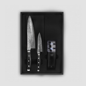 Набор из 2-х кухонных ножей с точилкой, дамасская сталь, серия GOU, YAXELL, Япония, Подарочный набор кухонных ножей