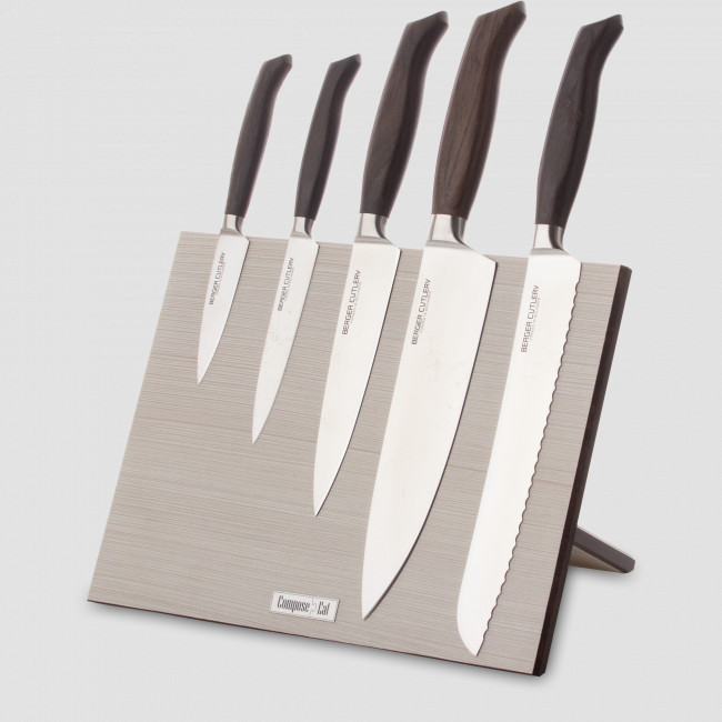 Набор кухонных ножей, 5 штук, на магнитной подставке ComposeEat, серия Ergo Line Smoked Oak, BERGER CUTLERY, Германия