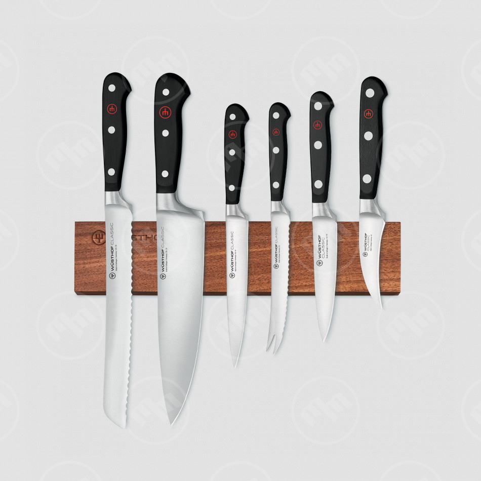 Набор из 6-ти кухонных ножей на магнитном держателе из дерева орех, серия Classic, WUESTHOF, Золинген, Германия