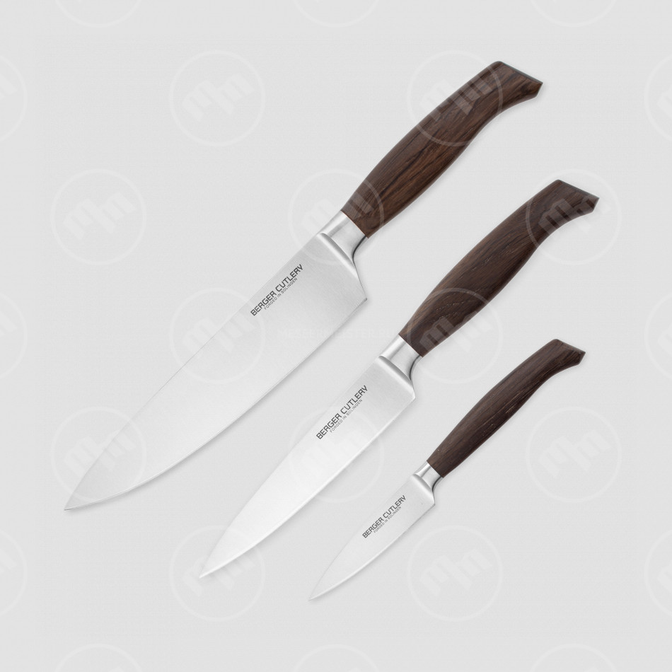 Набор кухонных ножей поварская тройка, серия Ergo Line Smoked Oak, BERGER CUTLERY, Германия
