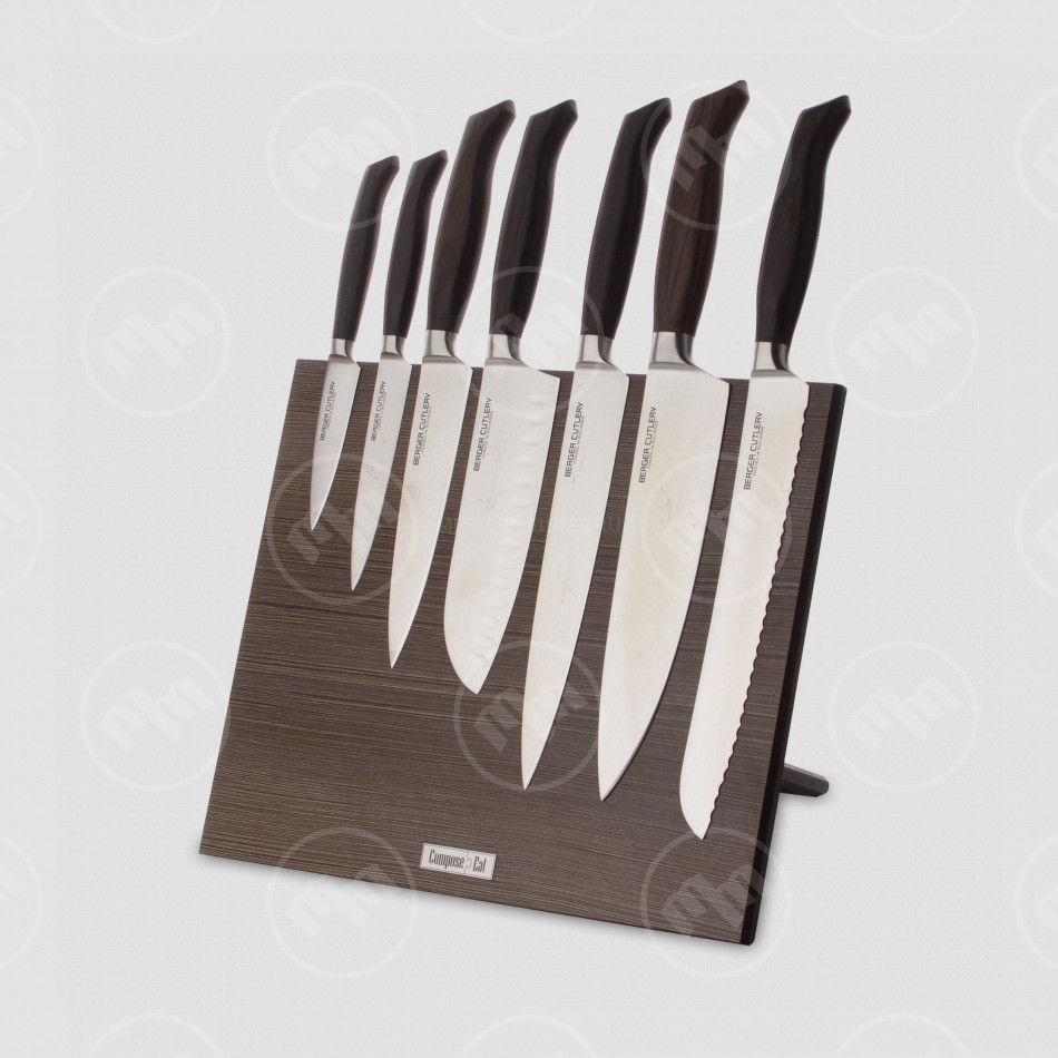 Набор кухонных ножей, 7 штук, на магнитной подставке ComposeEat, серия Ergo Line Smoked Oak, BERGER CUTLERY, Германия