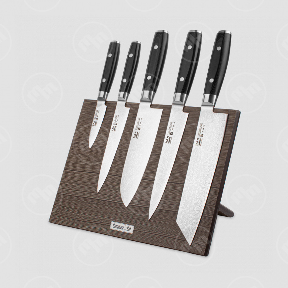 Набор кухонных ножей, 5 штук, на магнитной подставке ComposeEat (коричневая), серия RAN, YAXELL, Япония