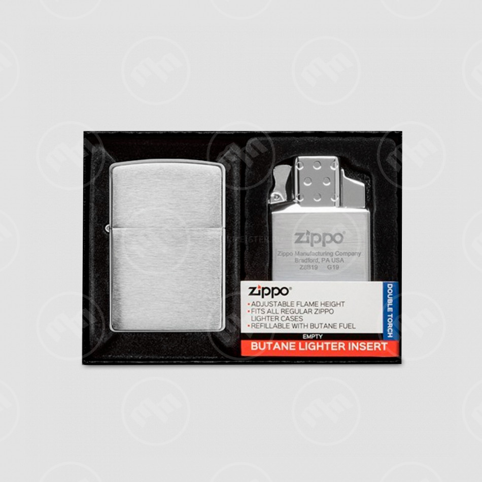 Набор подарочный: зажигалка Brushed Chrome и газовый вставной блок с двойным пламенем, ZIPPO, США