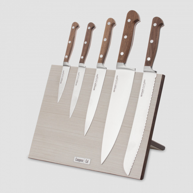 Набор кухонных ножей, 5 штук, на магнитной подставке ComposeEat, серия Classic Walnut, BERGER CUTLERY, Германия