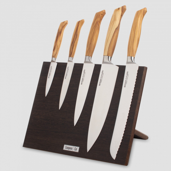 Набор кухонных ножей, 5 штук, на магнитной подставке ComposeEat, серия Ergo Line Olive, BERGER CUTLERY, Германия