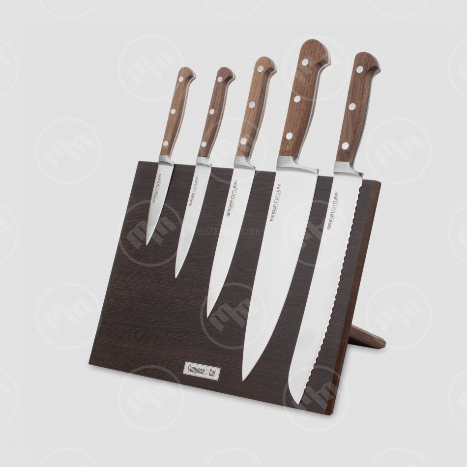 Набор кухонных ножей, 5 штук, на магнитной подставке ComposeEat, серия Classic Walnut, BERGER CUTLERY, Германия
