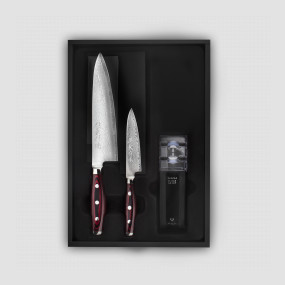 Набор из 2-х кухонных ножей с точилкой, дамасская сталь, серия GOU 161, YAXELL, Япония, Подарочный набор кухонных ножей