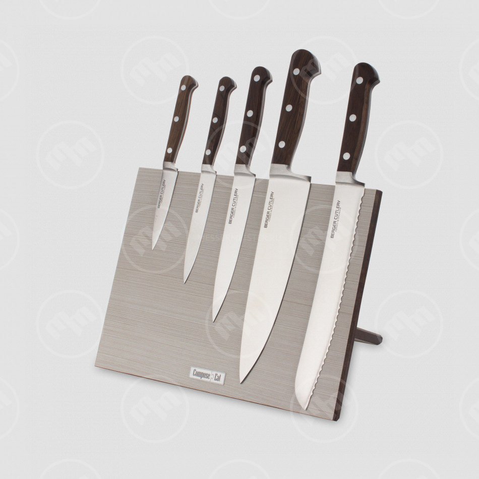 Набор кухонных ножей, 5 штук, на магнитной подставке ComposeEat, серия Classic Smoked Oak, BERGER CUTLERY, Германия