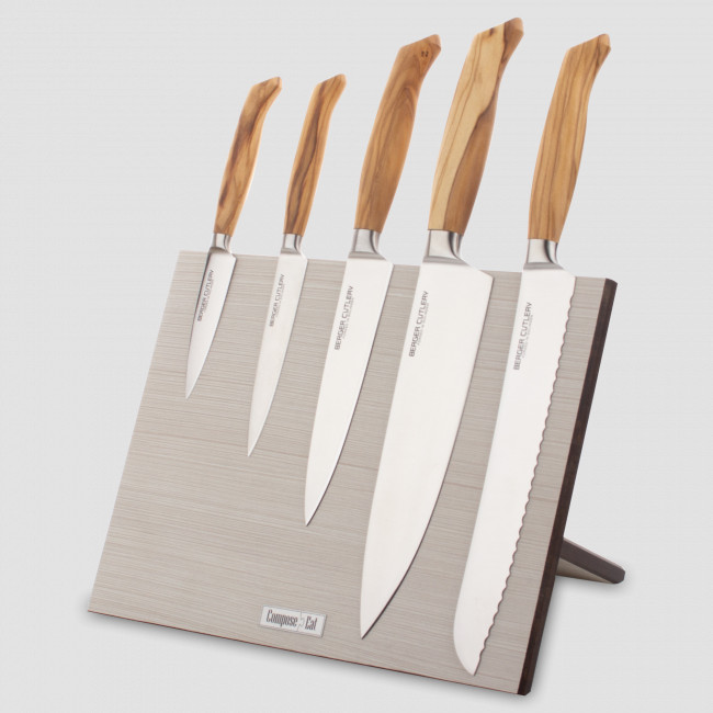 Набор кухонных ножей, 5 штук, на магнитной подставке ComposeEat, Ergo Line Olive, серия Ergo Line Olive, BERGER CUTLERY, Германия