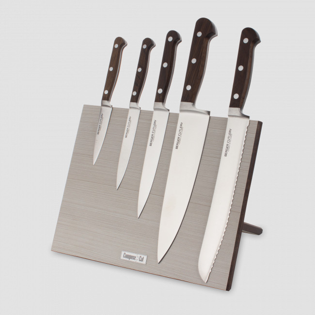Набор кухонных ножей, 5 штук, на магнитной подставке ComposeEat, серия Classic Smoked Oak, BERGER CUTLERY, Германия