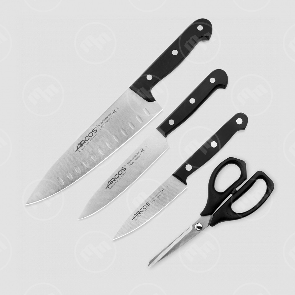 Набор ножей 3 шт. (10 см, 15 см, 20 см), + ножницы в подарок, упаковка-коробка, серия Universal, ARCOS, Испания
