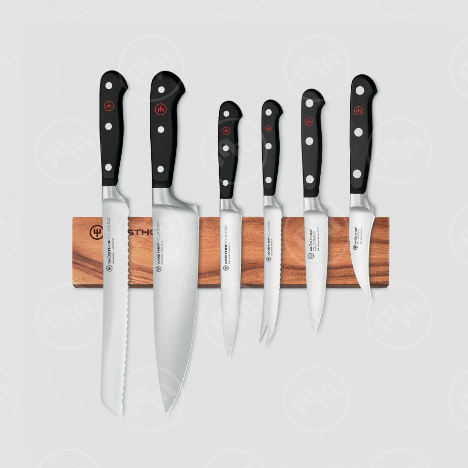 Набор из 6-ти кухонных ножей на магнитном держателе из дерева акации, серия Classic, WUESTHOF, Золинген, Германия