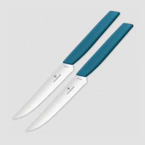 Набор из 2-х кухонных ножей для стейка и пиццы Swiss Modern 12 см, рукоять голубая, VICTORINOX, Швейцария, 