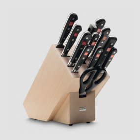 Набор ножей, 9 штук + ножницы + вилка + мусат в светлой деревянной подставке, серия Classic, Wuesthof, Золинген, Германия, Серия Classic WUESTHOF