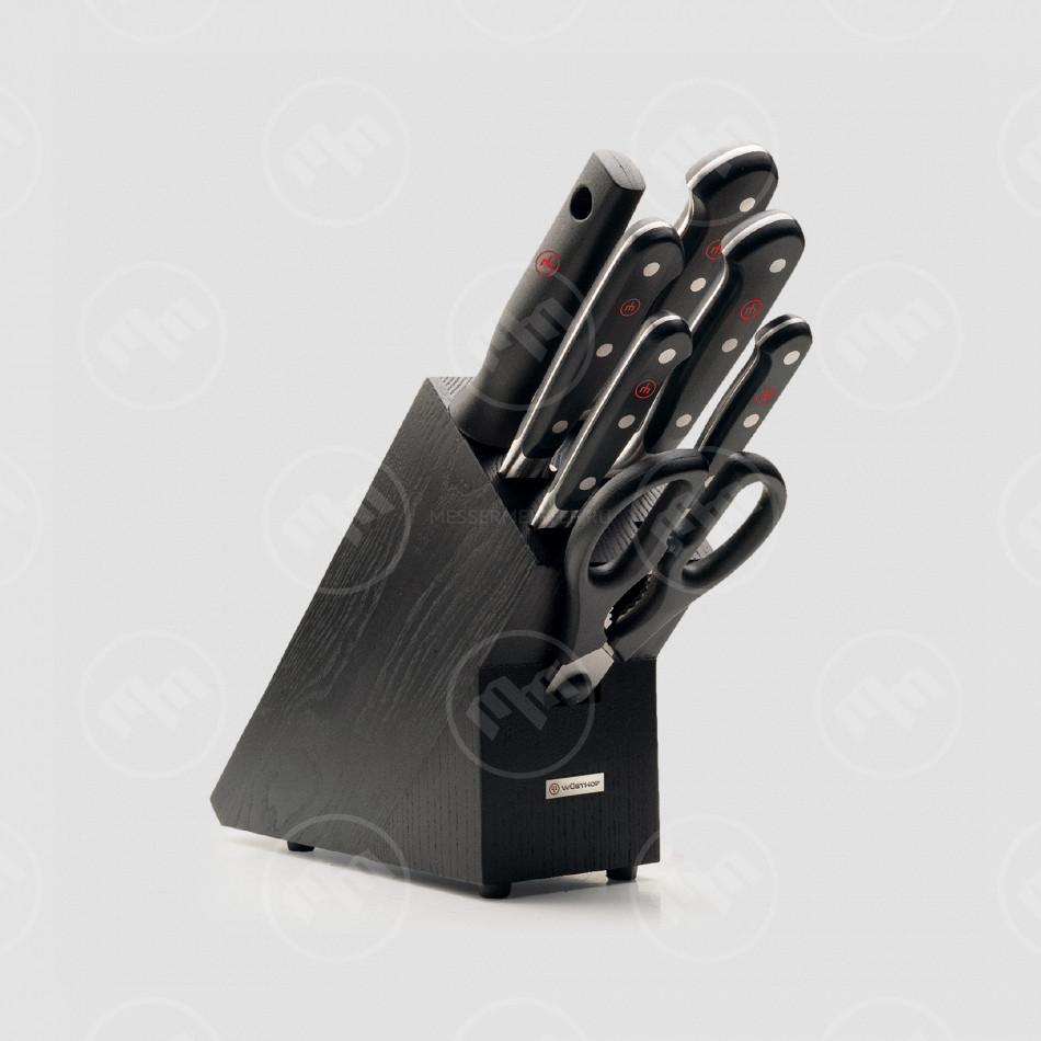 Набор из 5 кухонных ножей с мусатом и ножницами в деревянной подставке, серия Classic, WUESTHOF, Золинген, Германия