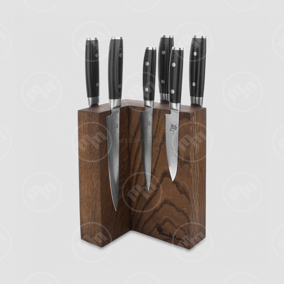 Набор из 6-ти кухонных ножей на подставке из дуба, серия RAN, YAXELL, Япония