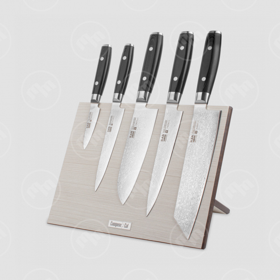 Набор кухонных ножей, 5 штук, на магнитной подставке ComposeEat (белая), серия RAN, YAXELL, Япония