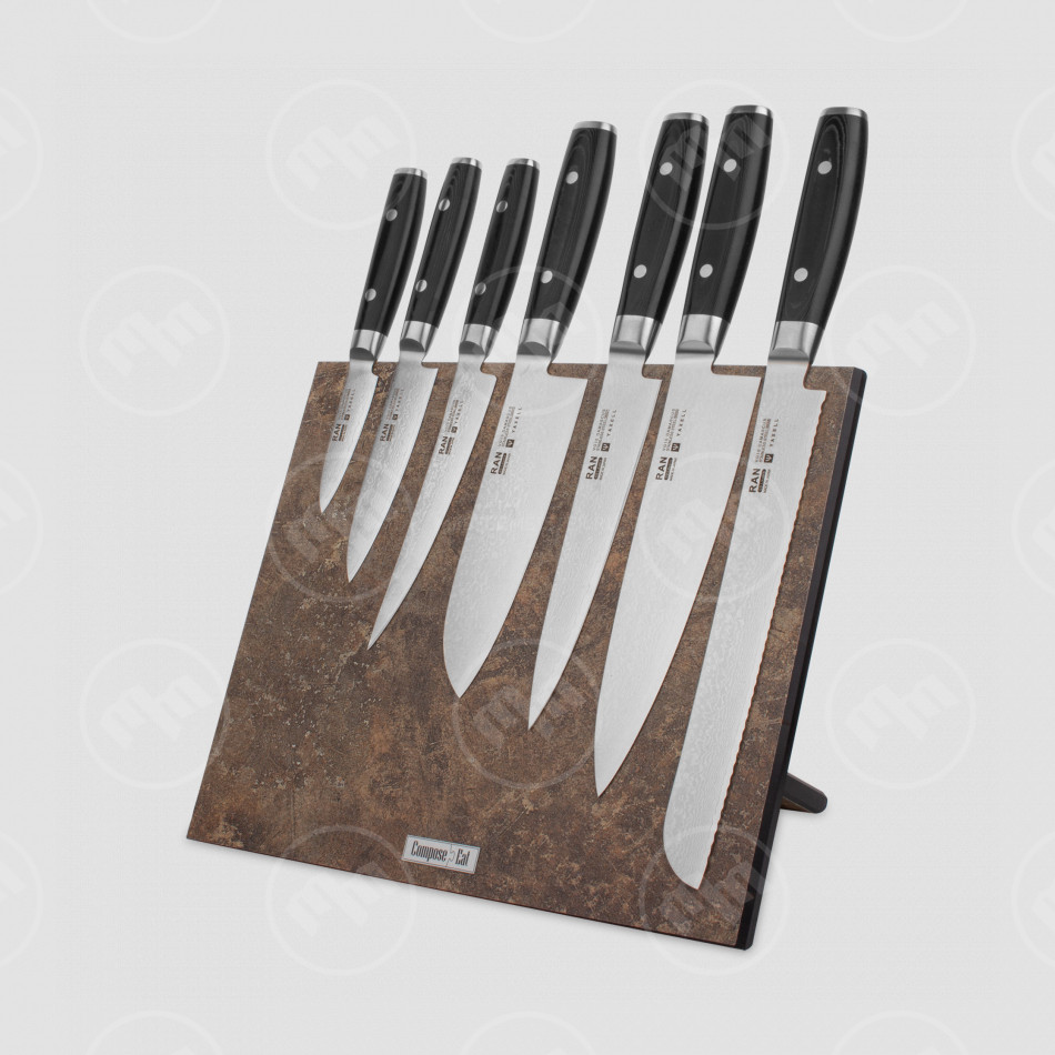 Набор кухонных ножей, 7 штук, на магнитной подставке ComposeEat (Vintage Brown), серия RAN, YAXELL, Япония