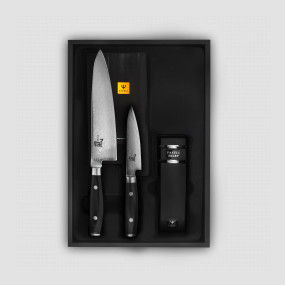 Набор из 2-х кухонных ножей с точилкой, дамасская сталь, серия Ran, YAXELL, Япония, Наборы кухонных ножей