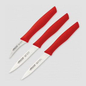 Набор из 3-х кухонных ножей для чистки и нарезки овощей, рукоять красная, серия Nova, ARCOS, Испания, Наборы ножей "Поварская тройка" 